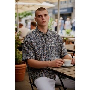 Men Vintage‎ Burma Bibas 100% Silk Short Sleeve Button-Up Pocket XL EUC